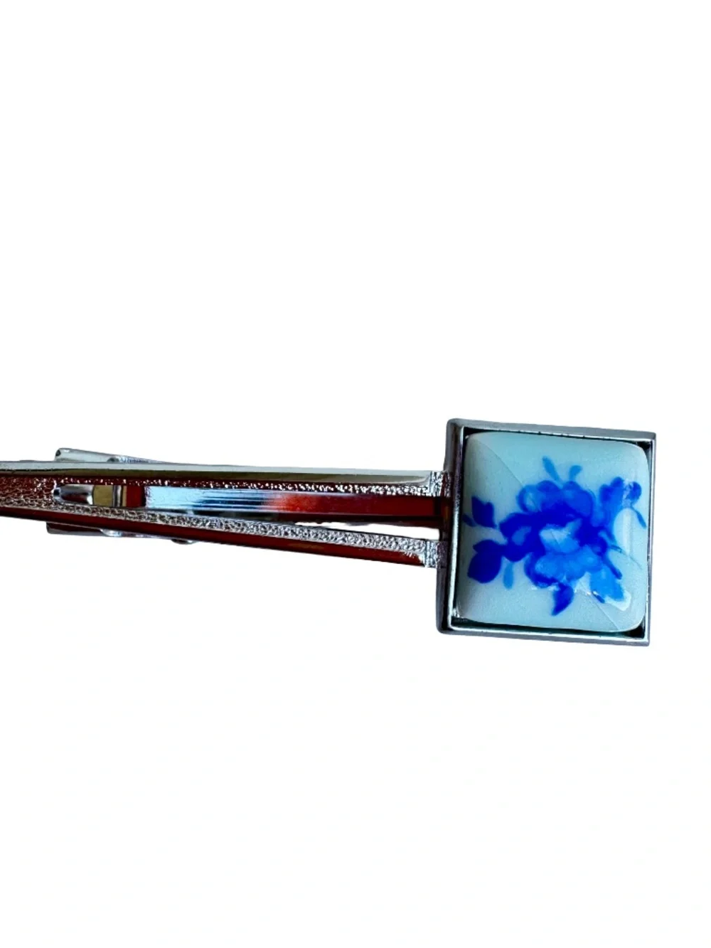 Vintage Japanese Blue White Porcelain Cufflinks Tie Clip Set Floral Signed GQA